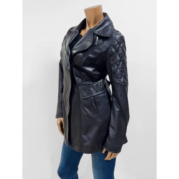 Laundry By Shelli Segal Black Zip Front Leather Trench Coat Jacket Size M - Picture 5 of 11